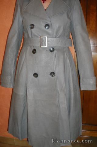 Manteau cuir gris façon trench