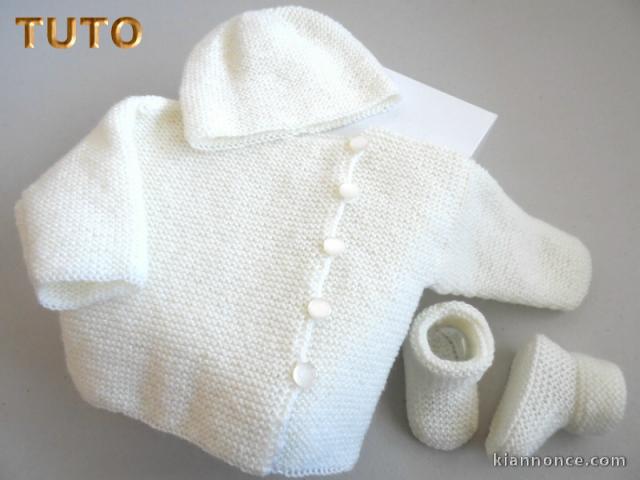 Explications tricot bébé, trousseau 3p mousse, laine