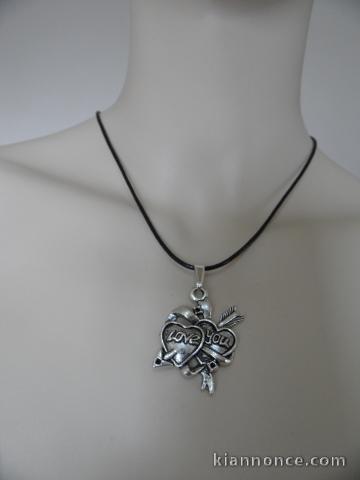 Pendentif 2 Cœurs avec Flèche + Collier Coton Noir