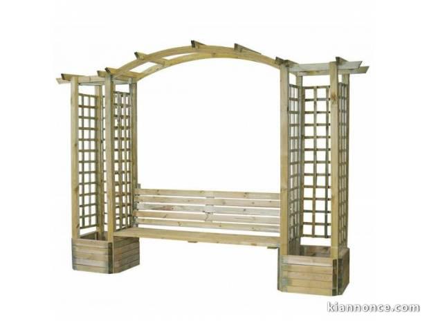 Pergola bois avec banc et jardinieres, qualite pro 