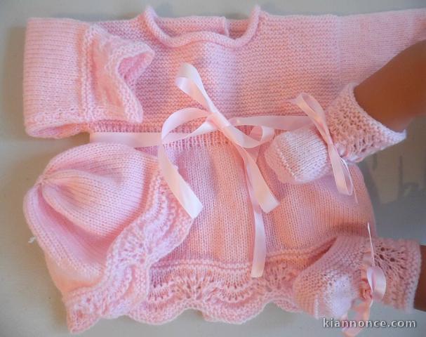 Ensemble brassière ROSE bébé tricot laine 