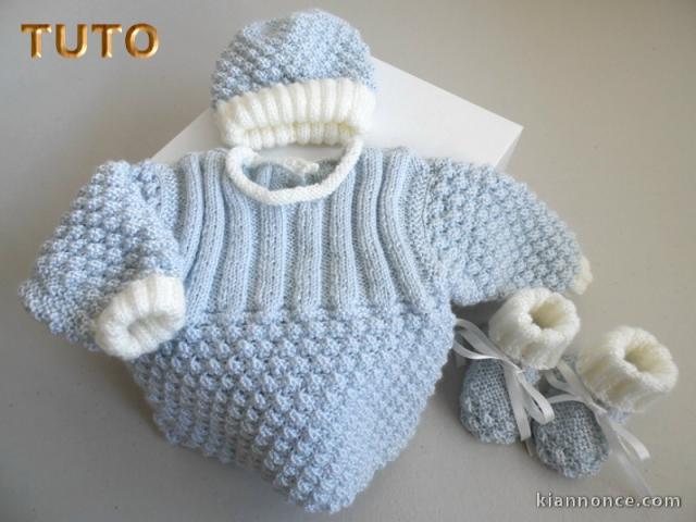 Tuto tricot bébé trousseau BLEU AZUR ECRU 