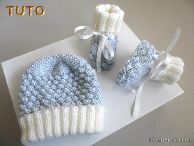 Tuto tricot bébé Bonnet et chaussons  Azur et ecru clair