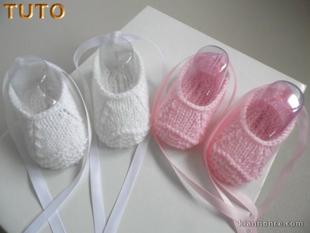 Explications tricot bébé, tuto chaussons ballerines ruban