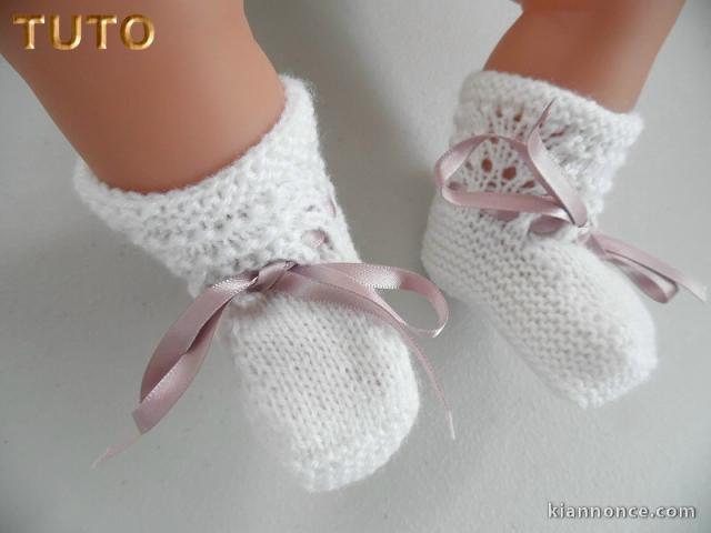Explications tricot bébé, tuto chaussons blanc vagues