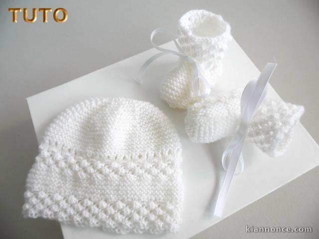 Explication tricot bébé, tuto, bonnet chaussons blanc astra