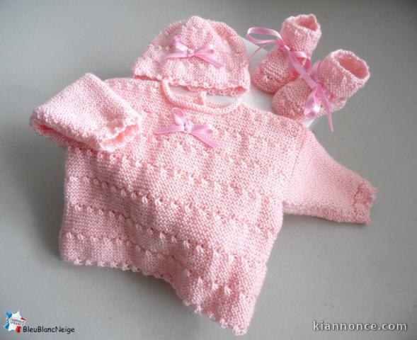 Tricot layette bb fait main, brassière, bonnet, chaussons, béguin