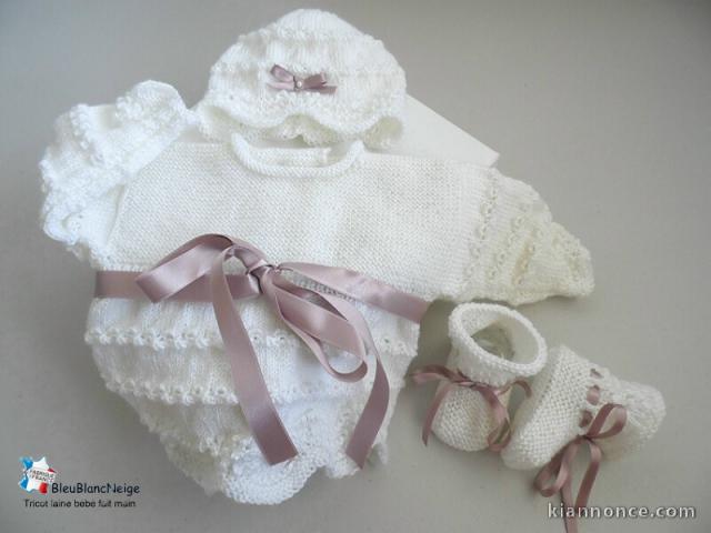 Tricot laine bb fait main, ensemble vagues, layette bebe