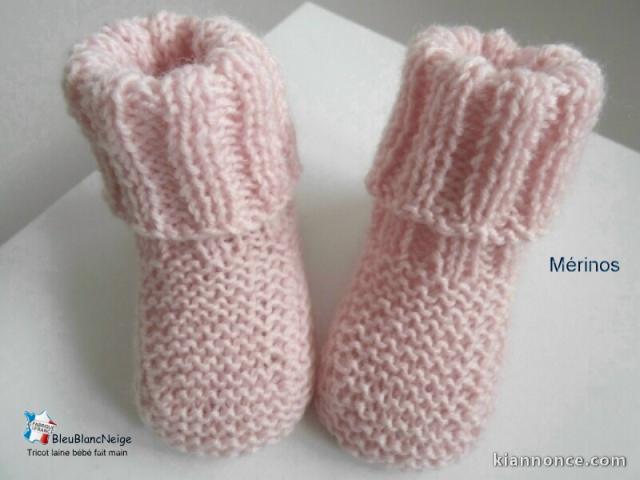 Chaussons tricot bébé, ROSE, laine Mérinos, fait main