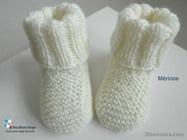 Chaussons tricot bébé, ECRU, laine Mérinos, fait main