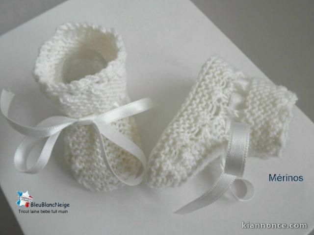 Chaussons tricot bébé, ECRU, laine Mérinos, fait main