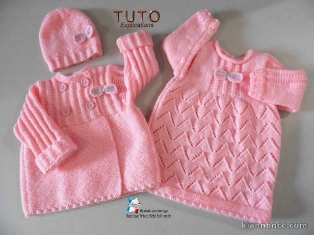 Fiche Tricot bébé, TUTO, robe et manteau layette bb