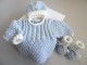 Trousseau BLEU AZUR et ECRU 3pièces, tricot bébé